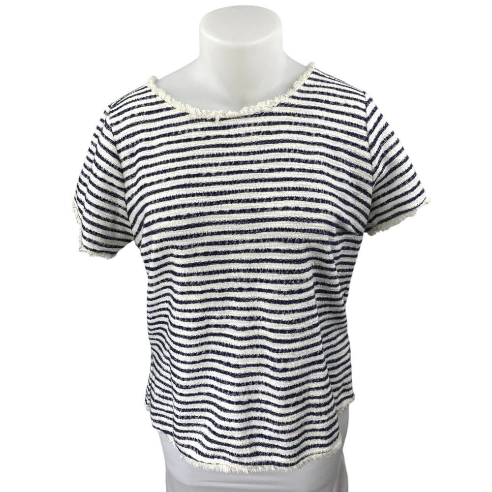 Green Envelope White Blue Striped Knit Short Sleeve Fringe T-Shirt Top Size 1X